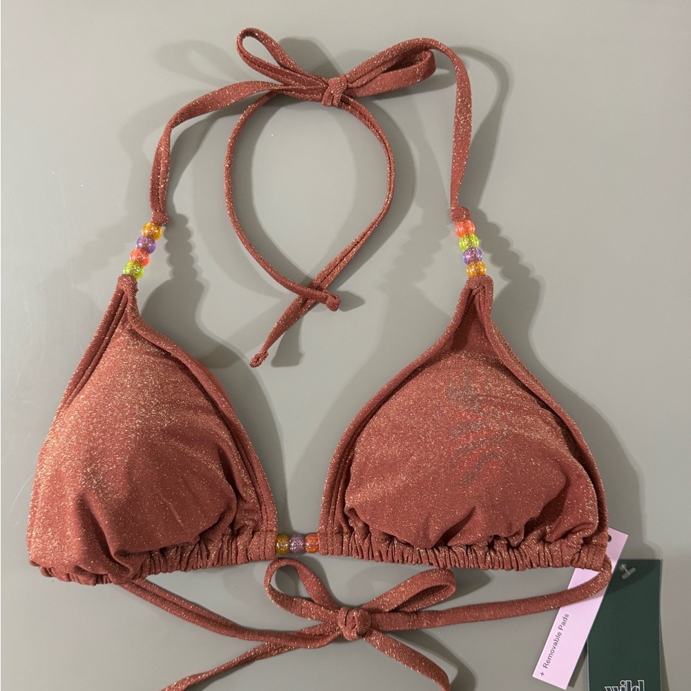 Wild Fable Brown Triangle Bikini Shiny Top with ruched detail